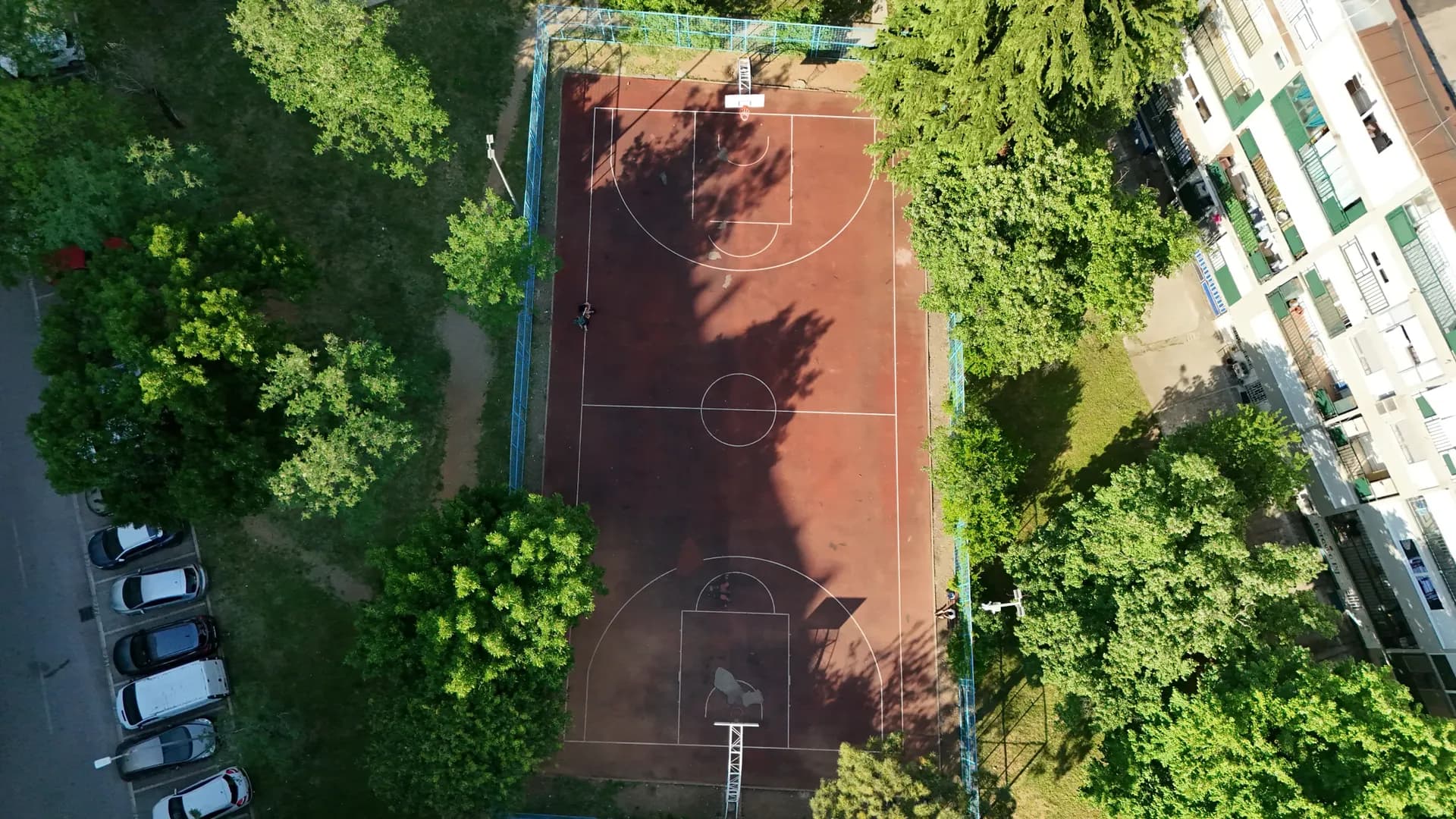 Top-down view of a basketball court